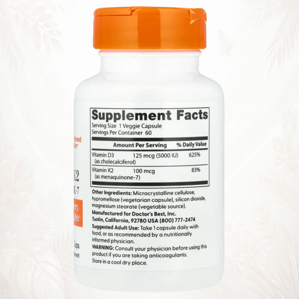 Doctor’s Best | Vitamina D3 + K2 MK-7 | Soporte Integral para Huesos, Arterias y Tejidos 60 cápsulas