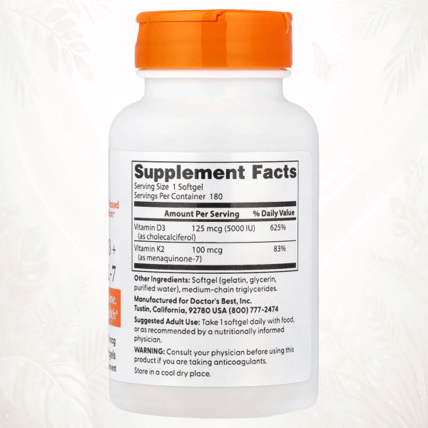 14 Doctor’s Best | Vitamina D3 + K2 MK-7 | Soporte para Huesos, Dientes y Músculos 180 cápsulas