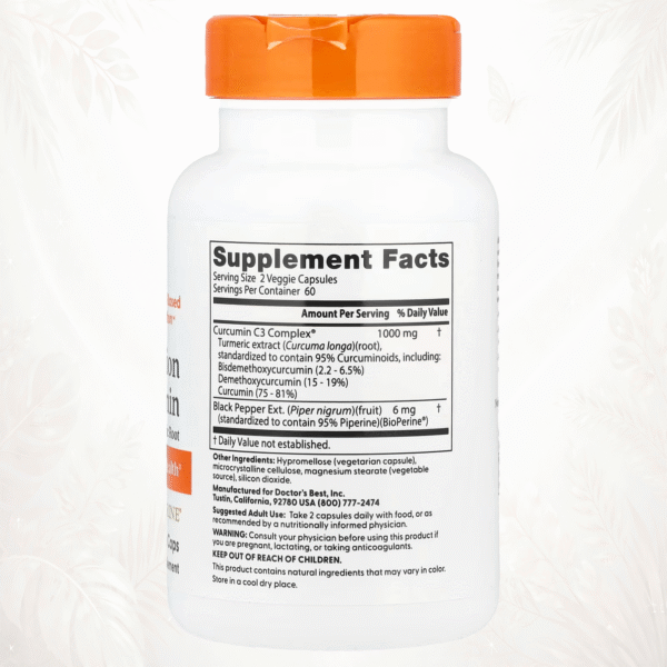 175 Doctor’s Best | Cúrcuma de Alta Absorción con BioPerine® | Curcumin C3 Complex®| Salud Articular 120 cápsulas