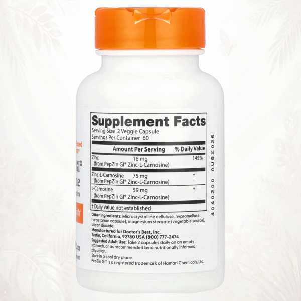 Doctor’s Best | PepZin GI® Zinc-L-Carnosina | Soporte para la Salud Gastrointestinal 120 cápsulas