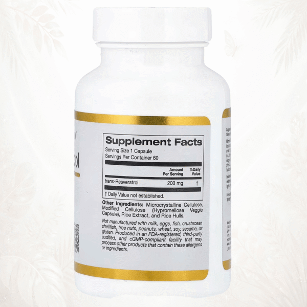 California Gold Nutrition Trans-Resveratrol 200 mg | Veri-te™ de Origen Italiano | Antioxidante Celular Avanzado 60 cápsulas