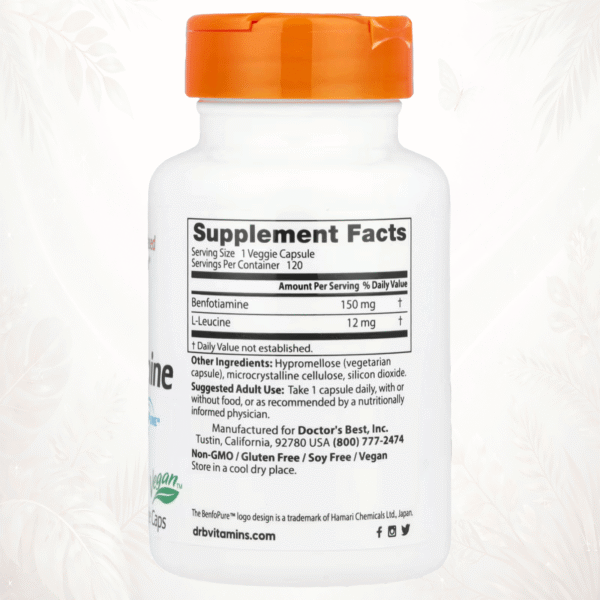 104 Doctor’s Best Benfotiamina 150 BenfoPure™ – Vitamina B1 de Alta Absorción para Metabolismo, Nervios y Protección Celular 120 cápsulas
