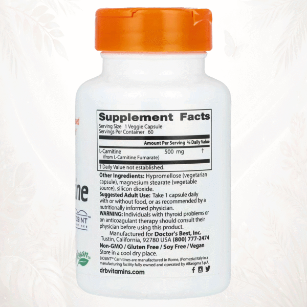 Doctor’s Best | L-Carnitina Fumarato 500 mg con BioSint® | Energía Mitocondrial y Recuperación 60 cápsulas