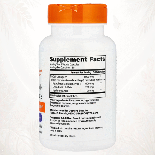 Doctor’s Best | Ácido Hialurónico + Sulfato de Condroitina con BioCell Collagen® | Soporte Articular y Salud de la Piel 60 cápsulas