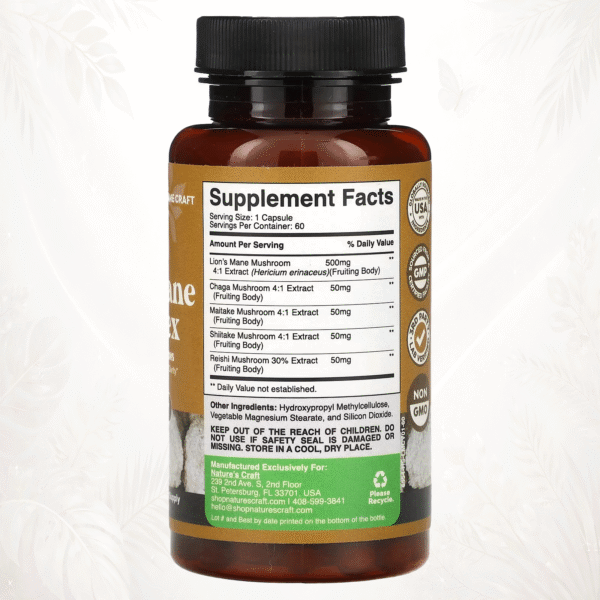 14 Nature’s Craft | Lion’s Mane Complex (5 Hongos) | Mezcla Adaptógena para Enfoque, Memoria y Claridad Mental