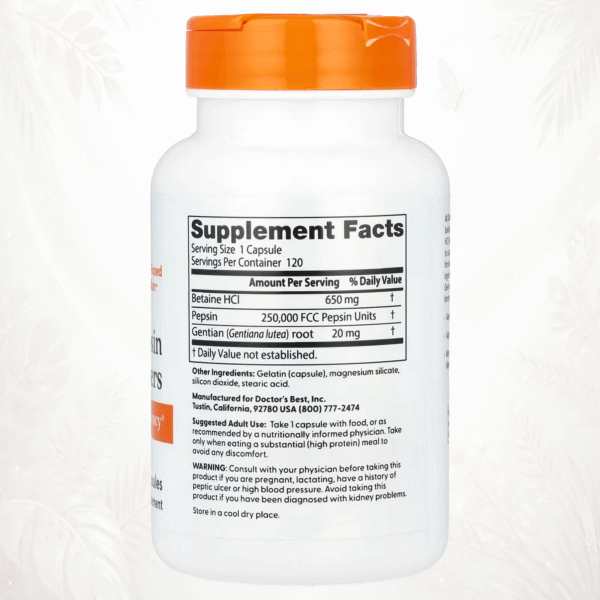 142 Doctor’s Best | Betaína HCl con Pepsina y Genciana | Soporte para la Eficiencia Digestiva 120 cápsulas