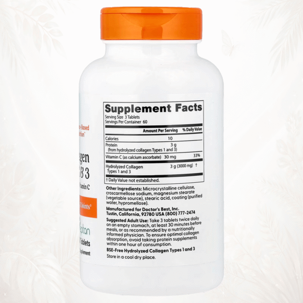 146 Doctor’s Best | Colágeno Hidrolizado Tipos 1 y 3 con Vitamina C | Soporte para Cabello, Piel, Uñas, Huesos y Articulaciones 180 comprimidos