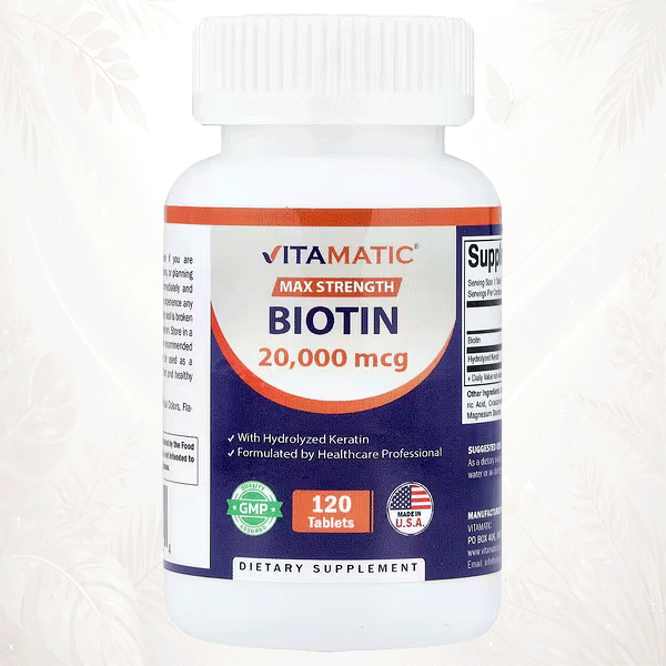 Vitamatic | Biotina Ultra Potente 20,000 mcg con Queratina Hidrolizada | Cabello, Piel y Uñas de Alto Impacto 120 comprimidos