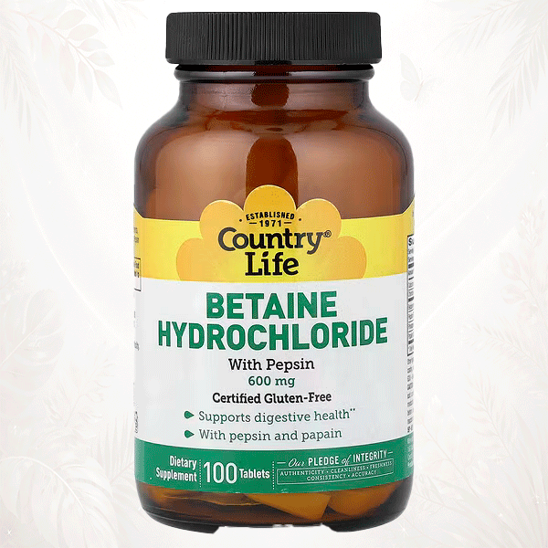 Country Life | Betaína HCl 600 mg con Pepsina y Enzimas | Soporte Digestivo Avanzado para Comidas con Proteína