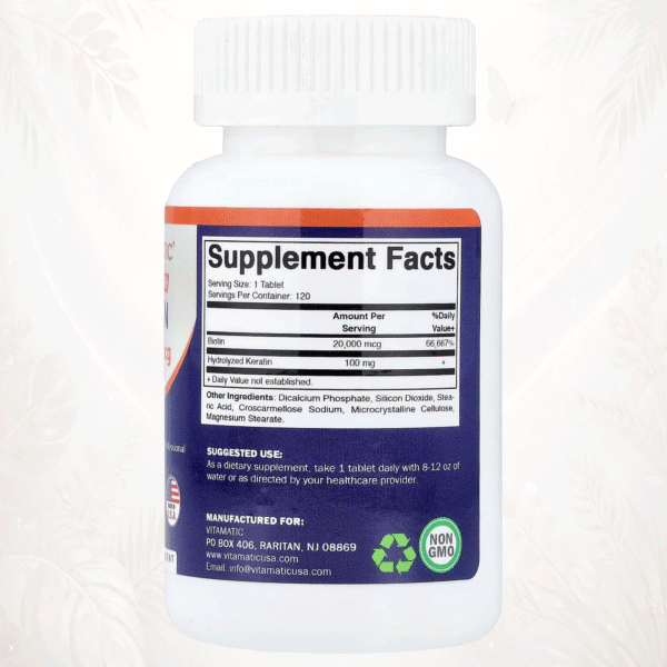 Vitamatic | Biotina Ultra Potente 20,000 mcg con Queratina Hidrolizada | Cabello, Piel y Uñas de Alto Impacto 120 comprimidos