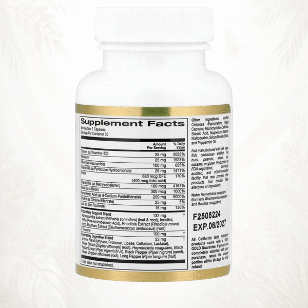 34 California Gold Nutrition | Stress Support con L-Teanina y Adaptógenos | Bienestar Mental y Equilibrio 60 cápsulas Diario