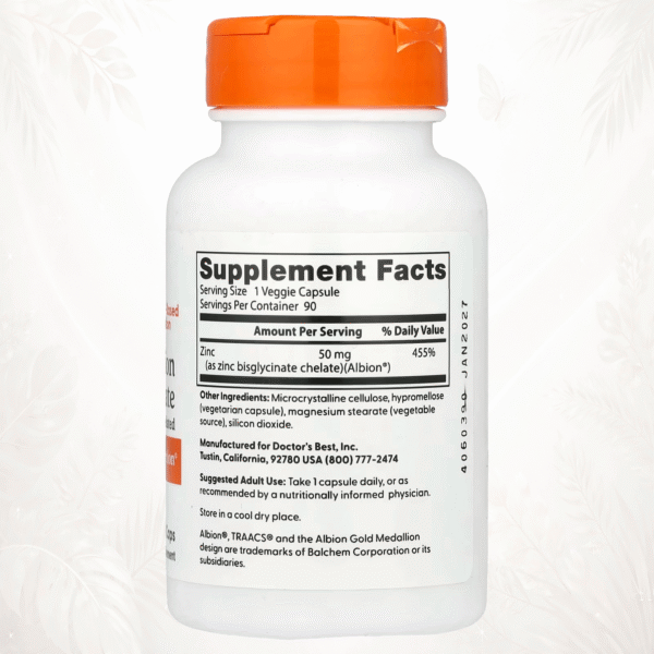 Doctor’s Best | Zinc Bisglicinato de Alta Absorción 50 mg | Soporte para la Función Inmunitaria