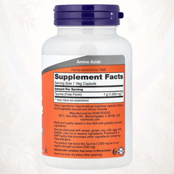 NOW Foods | Taurina Doble Concentración 1000 mg | Soporte para el Sistema Nervioso y la Función Visual 100 cápsulas