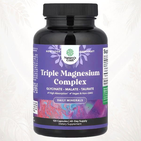 8 Nature’s Craft | Triple Magnesium Complex (Glicinato · Malato · Taurato) | Alta Absorción para Relajación y Bienestar Diario 120 cápsulas