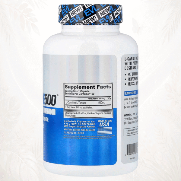 89 EVLution Nutrition | L-Carnitine 500 mg (Tartrato) | Energía Metabólica, Rendimiento y Recuperación 120 cápsulas