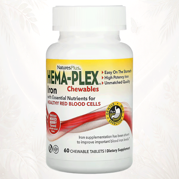 1 NaturesPlus® Hema-Plex Hierro de Alta Potencia para Glóbulos Rojos – 60 Comprimidos Masticables