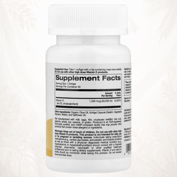 2 California Gold Nutrition® SimplyOne® Vitamina D3 50,000 UI | Soporte Óseo e Inmunitario – 50 Cápsulas Blandas