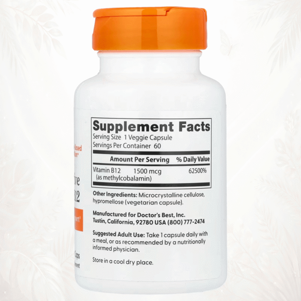 Doctor’s Best® Vitamina B12 Activa 1500 mcg | Energía y Función Neurológica – 60 Cápsulas Vegetales