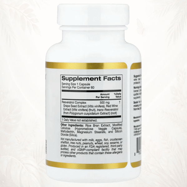 California Gold Nutrition® Resveratrol Antioxidante para Salud Cardiovascular – 60 Cápsulas Vegetales