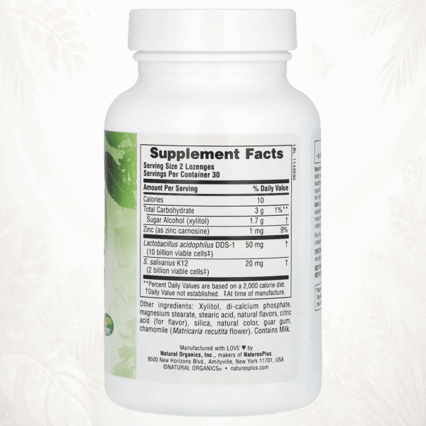 🦻👃🗣️ NaturesPlus® Pastillas para Oídos, Nariz y Garganta con Probióticos K12 60 pastillas